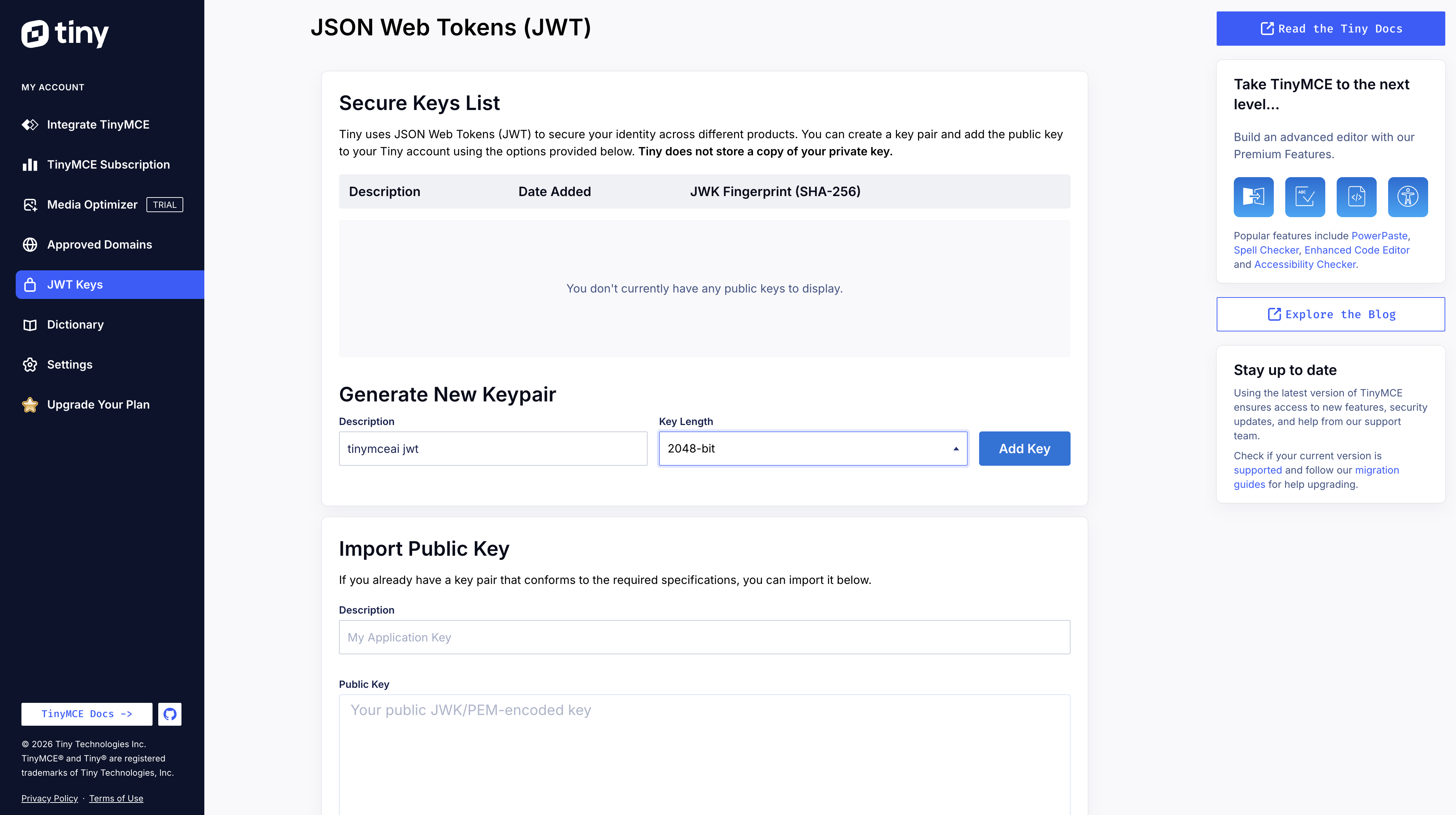 JWT Keys page showing Secure Keys List